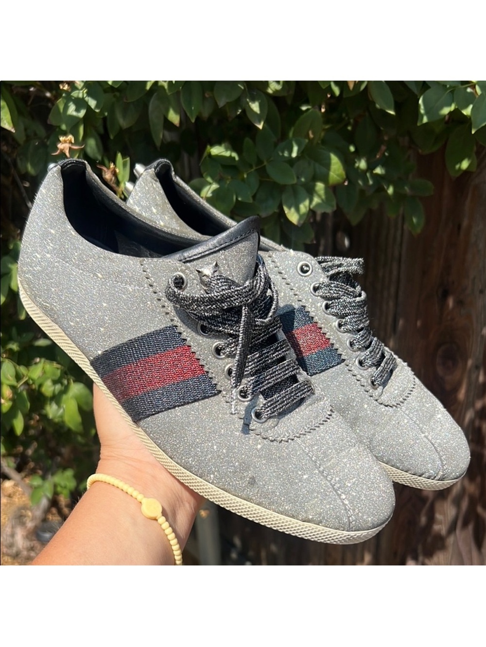 $895 Gucci Metallic Silver Glitter Bambi Web Detail Studded Low Top Sneakers 9